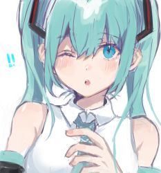 Rule 34 | !, !!, 1girl, ;o, aqua hair, aqua necktie, bare shoulders, blue eyes, blush, collared shirt, hair between eyes, hair ornament, hand up, hatsune miku, heremia, highres, long hair, necktie, one eye closed, parted lips, shirt, simple background, sleeveless, sleeveless shirt, solo, twintails, upper body, vocaloid, white background, white shirt