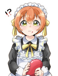Rule 34 | !?, 1girl, apron, artist name, artist request, black dress, bottle, bow, bowtie, breasts, collared dress, dress, female focus, frilled apron, frilled shirt collar, frills, green eyes, hair between eyes, hair ribbon, highres, holding, holding bottle, hoshizora rin, ketchup bottle, long sleeves, looking at viewer, love live!, love live! school idol project, maid, maid apron, maid headdress, orange hair, parted lips, puffy long sleeves, puffy sleeves, ribbon, short hair, sleeve cuffs, smile, solo, upper body, white apron, white background, yellow bow, yellow eyes, yellow ribbon