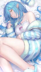 Rule 34 | 1girl, absurdres, ahoge, bare legs, blue hair, breasts, camisole, cleavage, coat, daifuku (yukihana lamy), hair ornament, hairclip, heart, heart ahoge, highres, hololive, large breasts, long hair, long sleeves, looking at viewer, lying, multicolored hair, on bed, on side, one eye closed, open clothes, pointy ears, sleepwear, slippers, snowflake print, solo, streaked hair, striped, striped coat, tadanotarosuke, virtual youtuber, yellow eyes, yukihana lamy