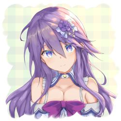 Rule 34 | 1girl, anemone (flower knight girl), blue eyes, bow, choker, closed mouth, detached collar, flower, flower knight girl, hair bow, hair flower, hair ornament, long hair, looking at viewer, multicolored eyes, ponta (velmar), purple bow, purple eyes, purple hair, smile, solo, upper body, white choker