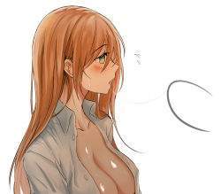 Rule 34 | 1girl, absurdres, bad id, bad pixiv id, blush, breasts, brown hair, collarbone, dress shirt, flying sweatdrops, girls&#039; frontline, green eyes, highres, large breasts, long hair, naked shirt, no bra, open clothes, open mouth, open shirt, out of frame, saliva, saliva trail, sexually suggestive, shirt, sidelocks, simple background, solo, springfield (girls&#039; frontline), suru (ksoo420), upper body, white background, white shirt