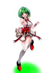 Rule 34 | 1girl, absurdres, blush, breasts, full body, green hair, highres, idol, lapis re:lights, large breasts, looking at viewer, lynette (lapis re:lights), open mouth, purple eyes, short hair, simple background, solo, teeth, thighhighs, white background, white thighhighs