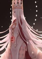 Rule 34 | 1girl, albino, breasts, cleavage, cleavage cutout, clothing cutout, cowboy shot, crown, dress of heaven, fate/grand order, fate/stay night, fate (series), from side, justeaze lizrich von einzbern, long hair, red eyes, solo, very long hair, white hair, whitem (whiteemperor2020)