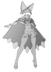 Rule 34 | 1girl, :&lt;, bandages, barefoot, belt bra, breasts, cape, colo (nagrolaz), dark skin, dark-skinned female, full body, greyscale, guilty gear, guilty gear xrd, hat, highres, long legs, midriff, monochrome, navel, outstretched hand, ramlethal valentine, short hair, short shorts, shorts, solo, thigh strap, toes, underboob