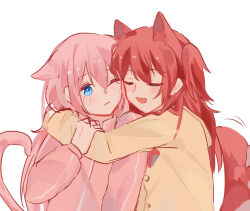 Rule 34 | 2girls, animal ears, blue eyes, blush, bocchi the rock!, brown jacket, cat ears, cat tail, closed eyes, commentary request, dog ears, dog tail, gotoh hitori, highres, hug, jacket, kemonomimi mode, kita ikuyo, long hair, mimmf, multiple girls, one eye closed, open mouth, pink hair, pink jacket, red hair, simple background, smile, tail, track jacket, upper body, white background, yuri