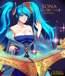 Rule 34 | 1girl, absurdres, aqua dress, bare shoulders, blue dress, blue eyes, blue hair, blue theme, blush, breasts, character name, cleavage, collarbone, copyright name, danfer3, dress, english text, female focus, gradient background, hair ornament, highleg, highres, instrument, large breasts, league of legends, lips, long hair, makeup, matching hair/eyes, midriff, musical note, navel, neck, off-shoulder dress, off shoulder, panties, scar, smile, solo, sona (league of legends), strapless, strapless dress, twintails, underwear, weapon, wide sleeves