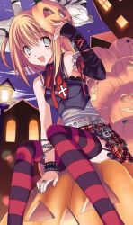 Rule 34 | 1girl, belt, blonde hair, blue eyes, blush, bow, bracelet, camisole, elbow gloves, female focus, gloves, halloween, jack-o&#039;-lantern, jewelry, mask, necktie, open mouth, orange hair, patterned legwear, plaid, plaid skirt, pleated skirt, ring, short hair, sitting, skirt, striped clothes, striped thighhighs, thighhighs, wallet chain