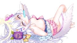 Rule 34 | absurdres, angel wings, azusa (blue archive), azusa (swimsuit) (blue archive), bare shoulders, barefoot, bikini, bikini skirt, blue archive, blush, bow, breasts, cleavage, crescent halo, eating, flower, food, frilled bikini, frills, hair between eyes, hair flower, hair ornament, hair ribbon, halo, highres, jin tian xiang dian sha, long hair, looking at viewer, lying, on back, pink eyes, popsicle, ribbon, sidelocks, simple background, small breasts, strapless, strapless bikini, swimsuit, very long hair, white background, white hair, wings