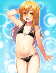Rule 34 | 1girl, arm behind head, bare arms, bare shoulders, bikini, black bikini, blonde hair, blue background, bow, braid, bright pupils, cookie (touhou), cowboy shot, fang, flat chest, front-tie bikini top, front-tie top, gluteal fold, hair bow, halterneck, highres, long hair, looking at viewer, musical note, navel, open mouth, purple bow, rei (cookie), side-tie bikini bottom, side braid, smile, solo, stomach, string bikini, swimsuit, tarmo, thigh gap, yellow eyes