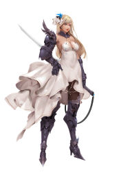 Rule 34 | 1girl, armor, armored boots, black pantyhose, blonde hair, blue eyes, boots, bow, breasts, cleavage, commentary, dress, earrings, english commentary, full body, gauntlets, gorget, greaves, hair bow, high heel boots, high heels, highres, holding, holding sword, holding weapon, hu dako, jewelry, long hair, looking afar, original, pantyhose, red lips, scabbard, sheath, sheathed, skirt hold, solo, standing, sword, weapon, white dress