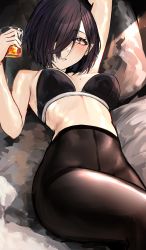 Rule 34 | 1girl, absurdres, black bra, black hair, black pantyhose, blush, borrowed character, bra, breasts, commentary, cup, english commentary, eyeshadow, gift art, hair over one eye, high-waist pantyhose, highres, holding, holding cup, lying, makeup, medium breasts, mole, mole above eye, mole on breast, naokomama, on bed, one eye covered, original, pantyhose, pillow, red eyeshadow, solo, underwear