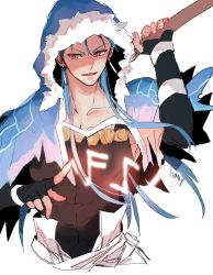 Rule 34 | 1boy, blue hair, capelet, covered abs, covered navel, cropped torso, cu chulainn (caster) (fate), cu chulainn (fate), earrings, fate/grand order, fate (series), fire, fur-trimmed hood, fur trim, hally, hood, hood up, hooded capelet, jewelry, long hair, male focus, open mouth, pectoral cleavage, pectorals, ponytail, pyrokinesis, red eyes, solo