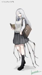 Rule 34 | 1girl, arthropod girl, arthropod limbs, artist name, bag, blue eyes, book, breasts, bug, bus, full body, grey skirt, hair over one eye, highres, holding, holding book, insect girl, lansane, long sleeves, looking at viewer, medium breasts, motor vehicle, necktie, original, personification, pleated skirt, shadow, shirt, shoes, skirt, smile, socks, solo, spider, spider girl, sweater, tote bag, translation request, uniform, white background, white hair, white shirt
