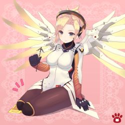 Rule 34 | 1girl, arm support, blonde hair, blue eyes, blush, breasts, gloves, halo, high ponytail, highres, holding, large breasts, long hair, mechanical halo, mechanical wings, mercy (overwatch), mimikaki, nekomo, overwatch, overwatch 1, pantyhose, ponytail, seiza, short hair, sitting, skin tight, solo, staff, wings, yellow wings