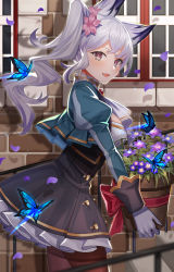 Rule 34 | 1girl, :d, absurdres, amahara subaru, ascot, black skirt, blue butterfly, blurry, blurry foreground, breasts, brick wall, brown pantyhose, bug, butterfly, commentary request, cowboy shot, fang, flower, frilled skirt, frills, gloves, grey gloves, hair ornament, high-waist skirt, highres, insect, juliet sleeves, long hair, long sleeves, looking at viewer, open mouth, original, pantyhose, petals, pink eyes, pink flower, plant, potted plant, puffy sleeves, purple flower, silver hair, skin fang, skirt, smile, solo, stairs, white ascot