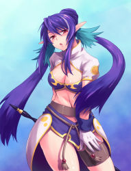 Rule 34 | 00s, 1girl, aqua background, bad id, bad pixiv id, blue hair, breasts, cleavage, gloves, judith (tales), long hair, okmr, pencil skirt, pointy ears, polearm, red eyes, skirt, solo, staff, tales of (series), tales of vesperia, twintails, weapon