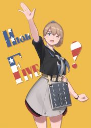 Rule 34 | 1girl, black shirt, blue eyes, brown hair, english text, hair between eyes, high five, intrepid (kancolle), kantai collection, looking at viewer, neckerchief, official art, one eye closed, open mouth, ponytail, shibafu (glock23), shirt, short hair, short sleeves, skirt, smile, solo