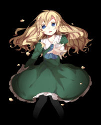Rule 34 | 1girl, arin (fanfan013), black background, blonde hair, blue eyes, dress, green dress, highres, ib (kouri), long hair, mary (ib), outstretched arm, outstretched hand, pantyhose, solo