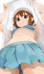 Rule 34 | 1girl, bikini, blue bikini, breasts, brown hair, closed mouth, clothes lift, from below, hair ornament, hairclip, highres, hirasawa yui, hiroki (yyqw7151), k-on!, lifting own clothes, looking at viewer, looking down, navel, shirt, shirt lift, short hair, simple background, small breasts, smile, solo, standing, stomach, swimsuit, thighs, upshirt, white background, white shirt