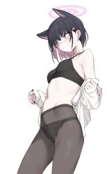 Rule 34 | 1girl, :/, animal ears, bare shoulders, black bra, black hair, black panties, black pantyhose, blue archive, blush, bra, breasts, closed mouth, colored inner hair, cowboy shot, female focus, hair ornament, hairclip, halo, highres, kazusa (blue archive), long sleeves, looking to the side, midriff, multicolored hair, navel, off shoulder, open clothes, open shirt, panties, panties under pantyhose, pantyhose, pink eyes, pink hair, shirt, short hair, sidelocks, simple background, sleeves past wrists, small breasts, solo, sports bra, stomach, sweatdrop, thighs, two-tone hair, underwear, undressing, urec, white background, white shirt