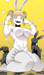 Rule 34 | 1girl, absurdres, animal ears, bare arms, bare shoulders, blonde hair, boku no hero academia, bow, bowtie, card, covered navel, double bun, fishnet pantyhose, fishnets, frilled straps, hair bun, hand in own hair, highleg, highleg leotard, highres, knees together feet apart, koyap, laughing, leotard, looking at viewer, open mouth, pantyhose, playboy bunny, playing card, rabbit, rabbit ears, simple background, sitting, slit pupils, smile, solo, strapless, strapless leotard, thick thighs, thigh strap, thighs, toga himiko, wariza, wrist cuffs, yellow background, yellow eyes