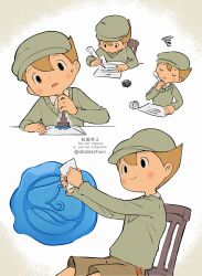 Rule 34 | 1boy, abarenbou bifun, black eyes, blonde hair, blue headwear, blue sweater, blush, brown shorts, cabbie hat, closed eyes, closed mouth, collared shirt, commentary request, envelope, hand up, hat, highres, holding, holding envelope, holding quill, ink bottle, long sleeves, luke triton, male focus, multiple views, on chair, open mouth, paper, professor layton, quill, sequential, shirt, short hair, shorts, sitting, smile, sweatdrop, sweater, wax seal, white shirt, writing