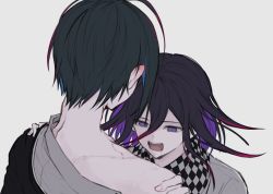 Rule 34 | 2boys, ahoge, bite mark, black hair, black jacket, checkered clothes, checkered neckwear, checkered scarf, colored inner hair, commentary request, danganronpa (series), danganronpa v3: killing harmony, from behind, grey background, grey jacket, grey shirt, hands on another&#039;s shoulders, highres, iumi urura, jacket, looking at another, male focus, medium hair, multicolored hair, multiple boys, off-shoulder shirt, off shoulder, open mouth, oma kokichi, purple eyes, purple hair, saihara shuichi, scarf, shirt, short hair, teeth, upper body, upper teeth only, yaoi