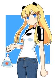 Rule 34 | 1girl, animal, animal ears, bag, bagged fish, blonde hair, blue background, blue eyes, blue pants, breasts, closed mouth, colored eyelashes, commentary request, denim, fish, goldfish, hen zemi, highres, holding, jeans, long hair, looking at viewer, makiko gregory, muu (mumumer), outline, panda ears, pants, shirt, short sleeves, small breasts, solo, two-tone background, water, white background, white outline, white shirt