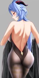 Rule 34 | 1girl, ahoge, ass, bare shoulders, blue hair, blush, bodysuit, breasts, from behind, ganyu (genshin impact), genshin impact, goat horns, highres, horns, large breasts, leotard, long hair, looking at viewer, looking back, pantyhose, red eyes, shiny clothes, shiny skin, sideboob, smile, solo, very long hair, whooozah