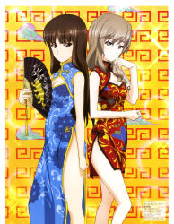 Rule 34 | 2girls, absurdres, alternate costume, breasts, brown eyes, brown hair, china dress, chinese clothes, cleavage, cleavage cutout, clothing cutout, dress, frown, girls und panzer, hair over shoulder, hand fan, highres, holding, holding fan, light brown hair, long hair, looking at viewer, magazine scan, mature female, mc axis, medium breasts, multiple girls, nishizumi shiho, official art, paper fan, pelvic curtain, scan, shimada chiyo, side slit, smile