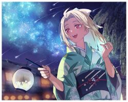 Rule 34 | 1girl, :d, aqua kimono, blonde hair, border, bow, floral print, hair bow, hand up, holding, holding lantern, house, japanese clothes, kimono, lantern, long hair, night, obi, obijime, open mouth, original, parted bangs, red eyes, sash, shooting star, sky, smile, solo, star (sky), starry sky, teeth, teria (teriarian), tree, upper body, upper teeth only, white border, white bow, willow