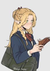 Rule 34 | 1girl, bag, blonde hair, blue jacket, blush, book, bow, bowtie, braid, closed mouth, collared shirt, dungeon meshi, green eyes, highres, holding, holding book, jacket, just a pot, long hair, marcille donato, pointy ears, red bow, red bowtie, shirt, shoulder bag, solo, upper body