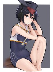 Rule 34 | 1girl, asymmetrical hair, black hair, black one-piece swimsuit, border, brown eyes, character name, cowboy shot, enri (enriko683), framed breasts, grey background, hair between eyes, hat, headphones, highres, i-13 (kancolle), kantai collection, looking at viewer, one-piece swimsuit, sailor collar, school swimsuit, short hair, sitting, solo, swimsuit, tsurime, two-tone background, white border