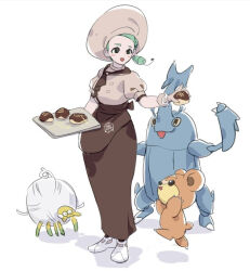 Rule 34 | 1girl, :d, apron, ascot, blush, brown apron, brown ascot, brown skirt, buttons, commentary request, creatures (company), drill hair, food, game freak, gen 2 pokemon, gloves, green hair, hat, heracross, holding, holding food, katy (pokemon), nejikyuu, nintendo, open mouth, pokemon, pokemon sv, puffy sleeves, shirt, shoes, short sleeves, skirt, smile, standing, tarountula, teddiursa, tray, waist apron, white background, white footwear