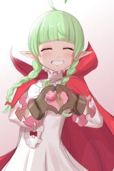 Rule 34 | 1girl, absurdres, ahoge, bow, braid, brown gloves, cape, closed eyes, dress, facing viewer, fire emblem, fire emblem awakening, gloves, green hair, heart, heart hands, highres, long sleeves, nah (fire emblem), nintendo, pointy ears, red cape, shincito, smile, solo, teeth, twin braids