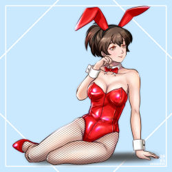 Rule 34 | 1girl, animal ears, arm support, bare shoulders, blue background, blush, breasts, brown eyes, brown hair, cleavage, collarbone, detached collar, fishnets, girls und panzer, hair between eyes, koyama yuzu, leotard, looking to the side, medium breasts, nishi itsumi, playboy bunny, rabbit ears, red footwear, red leotard, smile, solo, wrist cuffs