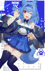Rule 34 | 1girl, akizone, animal ears, bare shoulders, black jacket, black thighhighs, blue hair, blue hairband, breasts, claw pose, dog ears, dog tail, hairband, halterneck, highres, jacket, long sleeves, looking at viewer, medium breasts, off-shoulder jacket, off shoulder, one eye closed, open clothes, open jacket, open mouth, original, pleated skirt, red eyes, rene (rirene), shirt, skirt, solo, tail, thighhighs, white shirt