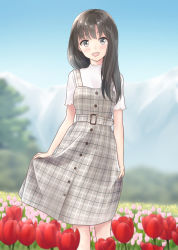 1girl :d belt belt_buckle black_hair blue_sky blurry blurry_background blush buckle commentary_request day depth_of_field dress female_focus flower grey_belt grey_dress grey_eyes looking_at_viewer open_mouth original outdoors pink_flower plaid_clothes plaid_dress red_flower shirt short_sleeves skirt_hold sky sleeveless sleeveless_dress smile solo standing teeth tulip upper_teeth_only white_shirt yukimaru217