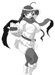 Rule 34 | 1girl, ahoge, armor, belt, braid, breasts, cleavage, female focus, fighting stance, fingerless gloves, gloves, greaves, greyscale, hero (do-belman), large breasts, legs, long hair, monochrome, scarf, simple background, skirt, solo, thighhighs, white background