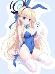 Rule 34 | 1girl, animal ears, aqua bow, aqua bowtie, blonde hair, blue archive, blue eyes, blue hairband, blue leotard, blush, bow, bowtie, braid, breasts, commentary request, covered navel, detached collar, earpiece, fake animal ears, fake tail, hair ornament, hairband, halo, high heels, highleg, highleg leotard, highres, kneeling, large breasts, leotard, long hair, looking at viewer, mitha, official alternate costume, playboy bunny, rabbit ears, rabbit tail, solo, strapless, strapless leotard, tail, thighhighs, toki (blue archive), toki (bunny) (blue archive), v, white thighhighs, white wrist cuffs, wrist cuffs