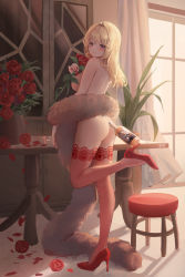Rule 34 | 1girl, absurdres, alcohol, back, bad id, bad pixiv id, blonde hair, blue eyes, blush, breasts, curtains, flower, from behind, full body, high heels, highres, lace, lace-trimmed legwear, lace trim, large breasts, long hair, looking at viewer, looking back, nail polish, original, parted lips, plant, red flower, red footwear, red rose, red thighhighs, rose, shiro albino, solo, standing, standing on one leg, stool, table, thighhighs, whiskey