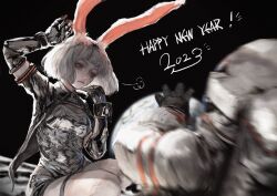 Rule 34 | 1girl, 1other, 2023, animal ears, arai bokuseki, arm up, astronaut, black gloves, black jacket, breasts, commentary request, earth (planet), gloves, happy new year, highres, jacket, looking at another, new year, on moon, open clothes, open jacket, original, planet, rabbit ears, rabbit girl, red eyes, reflective clothes, short hair, small breasts, space, thigh strap, white hair