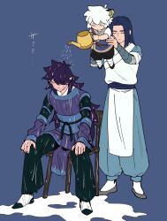 Rule 34 | 3boys, arm wrap, blue background, blue hair, cat boy, chair, child, chinese clothes, closed eyes, fengxi (the legend of luoxiaohei), hair intakes, hair over one eye, highres, leg wrap, long hair, luo xiaohei, luo xiaohei zhanji, male focus, multiple boys, nploser, pelvic curtain, pouring, pouring onto another, purple hair, simple background, sitting, water, watering can, white hair, wuxian (the legend of luoxiaohei)