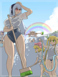 Rule 34 | 5girls, alternate breast size, alternate costume, barasuishou, black hairband, black ribbon, blonde hair, blush, breasts, broom, cleaning brush, closed mouth, commentary request, day, drill hair, empty pool, expressionless, feet out of frame, flower, flower over eye, frilled hairband, frills, green eyes, grey hair, grey one-piece swimsuit, hair between eyes, hair ribbon, hairband, highres, hinaichigo, holding, holding broom, hose, itini-sanshi, kirakishou, large breasts, long hair, looking afar, medium bangs, multiple girls, one-piece swimsuit, open mouth, outdoors, pool, purple hair, rainbow, red eyes, ribbon, rose, rozen maiden, shinku, shirt, sidelocks, smile, standing, suigintou, swimsuit, t-shirt, twintails, water, wet, wet clothes, wet shirt, white flower, white rose, white shirt