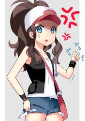 Rule 34 | 1girl, absurdres, anger vein, angry, arrow (projectile), bag, black vest, blue eyes, blue shorts, breast conscious, brown hair, clenched hand, collarbone, cowboy shot, creatures (company), female focus, flat chest, game freak, grey background, hand on own hip, hand up, hat, highres, hilda (pokemon), looking at viewer, nintendo, open mouth, poke ball theme, pokemon, pokemon bw, ponytail, shirt, short shorts, shorts, simple background, sleeveless, sleeveless shirt, solo, standing, text focus, translation request, vest, white hat, white shirt, wristband, yuihico