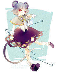 Rule 34 | 1girl, animal ears, arm up, azuma aya, capelet, dowsing rod, female focus, gem, grey hair, jewelry, long sleeves, looking at viewer, mouse ears, mouse tail, nazrin, necklace, pendant, red eyes, shirt, short hair, skirt, smile, solo, tail, touhou