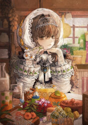 Rule 34 | 1girl, absurdres, baiguiyu, blurry, bow, bowtie, box, bridal gauntlets, brooch, brown eyes, brown hair, carrot slice, cup, cupboard, day, depth of field, elbows on table, flower, food, fruit, fruit hat, frying pan, glass bottle, hair intakes, hairband, herb bundle, highres, hood, hood up, indoors, jewelry, lace-trimmed hood, lace hairband, lace sleeves, lace trim, layered sleeves, light smile, long hair, long sleeves, mug, net, orange flower, original, pink flower, pov across table, ring, solo, tablecloth, teapot, upper body, white bow, white flower, window