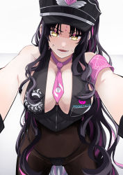 Rule 34 | 1girl, absurdres, anger vein, bare shoulders, bikini, black bikini, black gloves, black hair, black hat, black pantyhose, blush, breasts, cleavage, covered navel, facial mark, fate/grand order, fate (series), fingerless gloves, forehead mark, fu-mana, gloves, halterneck, hat, highres, large breasts, long hair, looking at viewer, multicolored hair, necktie, open mouth, pantyhose, parted bangs, pink hair, police hat, ponytail, sessyoin kiara, sessyoin kiara (swimsuit mooncancer), sessyoin kiara (swimsuit mooncancer) (second ascension), smile, solo, streaked hair, swimsuit, thighs, very long hair, yellow eyes