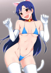 Rule 34 | 1girl, :d, animal ears, bell, bikini, blue bikini, blue hair, blush, breasts, cat ears, cat tail, collar, elbow gloves, fake animal ears, fake tail, fang, gloves, highleg, highleg bikini, highleg swimsuit, idolmaster, idolmaster (classic), kisaragi chihaya, long hair, looking at viewer, open mouth, paw pose, pussy juice, red eyes, small breasts, smile, solo, swimsuit, tail, tengu (tetuo kun), thighhighs, white gloves, white thighhighs