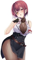 Rule 34 | 1girl, belt, black bra, black gloves, black pantyhose, black skirt, bra, breasts, brown belt, cleavage, covered navel, earrings, fingerless gloves, gloves, heart, heart necklace, heterochromia, highres, hololive, houshou marine, houshou marine (businesswoman), id card, jewelry, lace, lace-trimmed bra, lace trim, large breasts, light particles, looking at viewer, necklace, official alternate costume, open mouth, pantyhose, red eyes, red hair, see-through, see-through cleavage, short hair, simple background, skirt, solo, underwear, virtual youtuber, white background, ya ta, yellow eyes